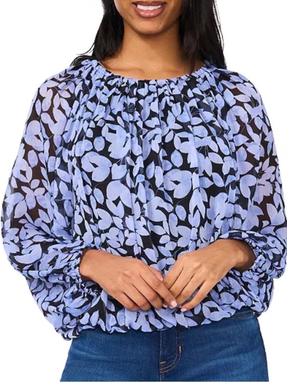 CeCe Puff Long Sleeve Floral Blouse in Light and dark Blue size large